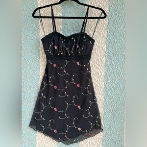 Black mesh slip dress Floral Embroidered pink flowers Babydoll top Y2K style